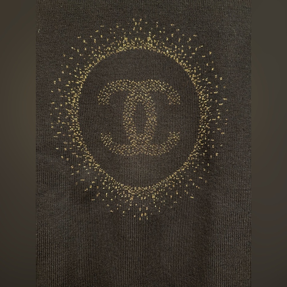 CHANEL Uniform Black Cotton Sweater W Gold Metallic CC Logo Size S designer NEW - Picture 4 of 13